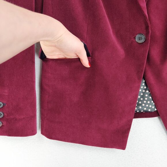Boden Jacket Womens 14 Red Stretch Velvet Blazer Single Button Classic Career - Picture 4 of 14